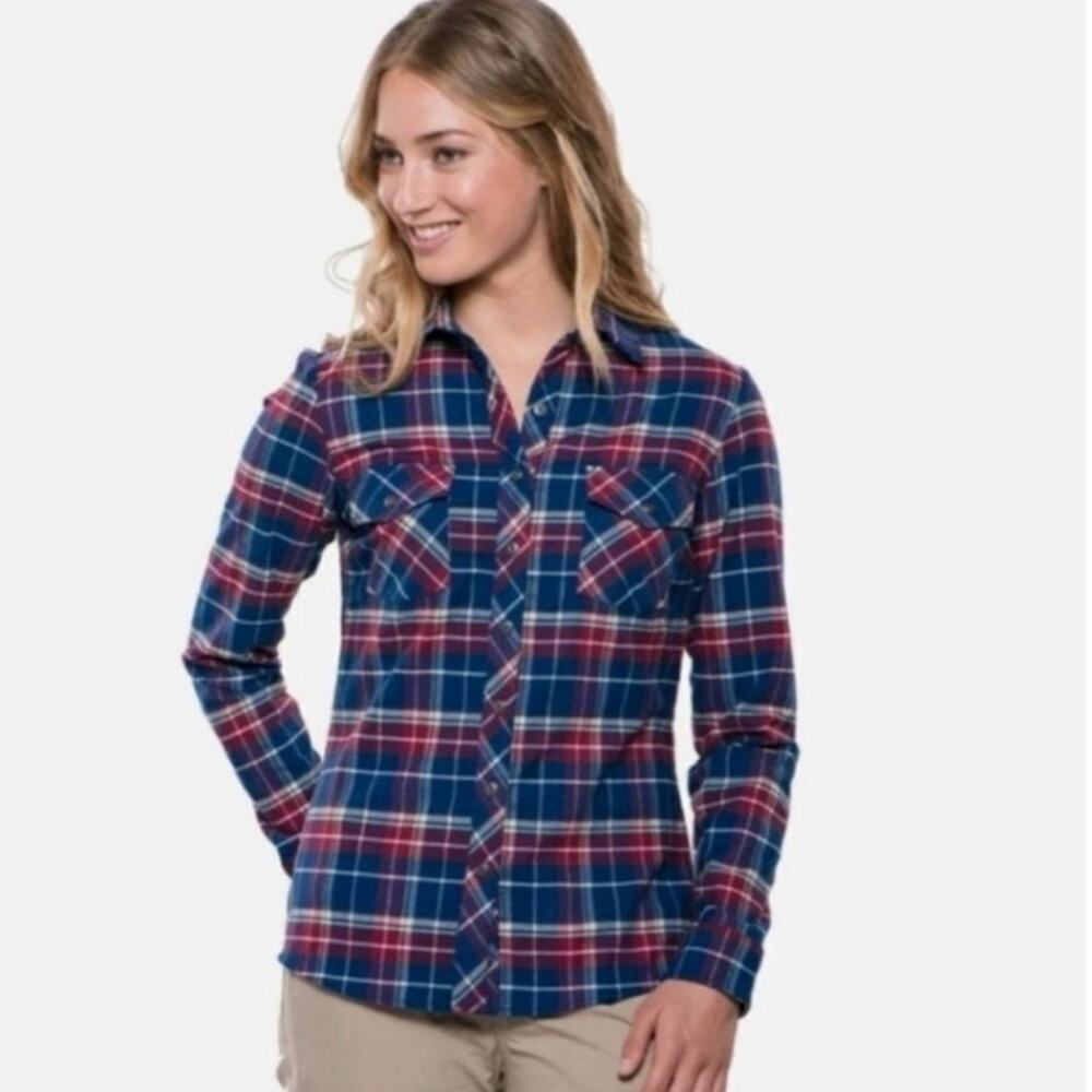 KUHL Women's Plaid Flannel Button Front Hiking Outdoor Shirt Blue Burgundy Small